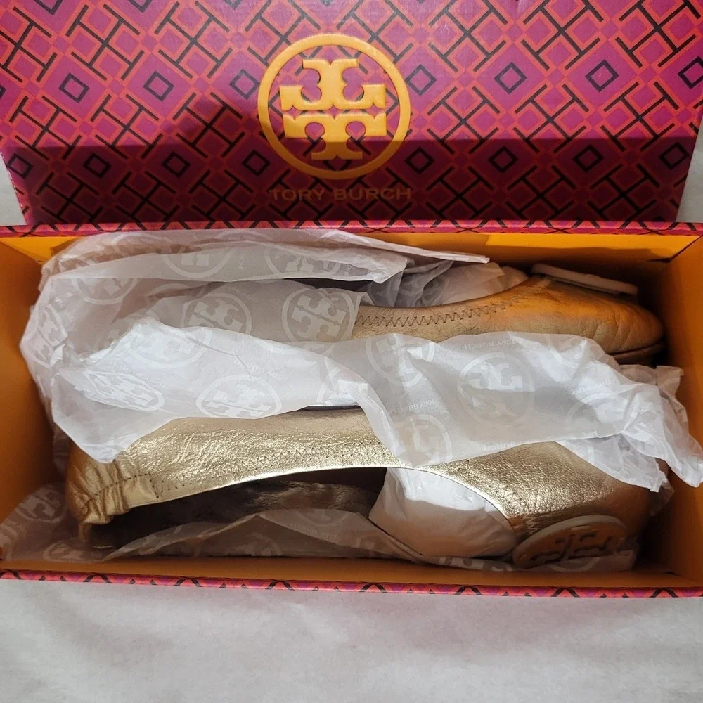 Tory Burch Minnie Rose Gold Leather Logo Travel Ballet 6.5‎ Metallic Minimal